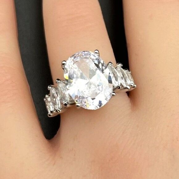 .925 Sterling Silver with Oval and Marquise White Cubic Zirconia Ring Size 9 - Picture 1 of 11